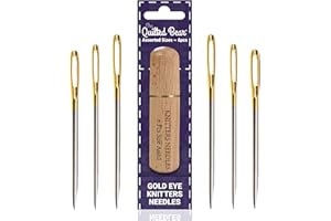 The Quilted Bear Gold Eye Knitters Sewing Needles - 6 Knitters Large Eye Yarn Needles in a Premium Engraved Wooden Case for Hand Sewing Knitting & Crochet (Assorted Sizes)