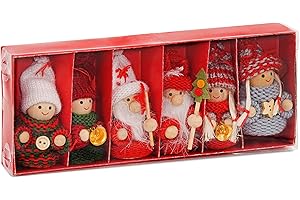 ‎BRUBAKER BRUBAKER 6 Zestaw Drewnianych i Dzianych Skrzatów Świątecznych - Zawieszka na Drzewo Tagi Świąteczne - 8 Cm w Pudełku na Prezenty Czerwony