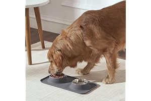 Penguin Home® Set di 4 Ciotole per Animali Domestici in Acciaio Inossidabile con Tappetino Antiscivolo in Silicone Nero|Tappetino Impermeabile per Alimenti per Animali Domestici|M-C- 42x21cm-200ml