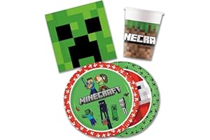 Decoraparty Kit Stoviglie Blocchi Miniera, Addobbi Decorazioni da Tavola per Compleanno Bambini, Bambino, Festa, Game Party, 8 Piatti ⌀ 23 cm, 8 Bicchieri 200 ml, 20 Tovaglioli 33x33 cm (36 pz.)