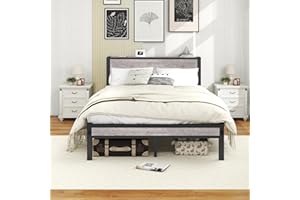 DUMEE Double Bed Frames with Storage Wooden Headboard, Metal 4ft Bed Frame Double Bed Base/Mattress Foundation, Enhanced Support Noise Free, Black+Grey Oak1