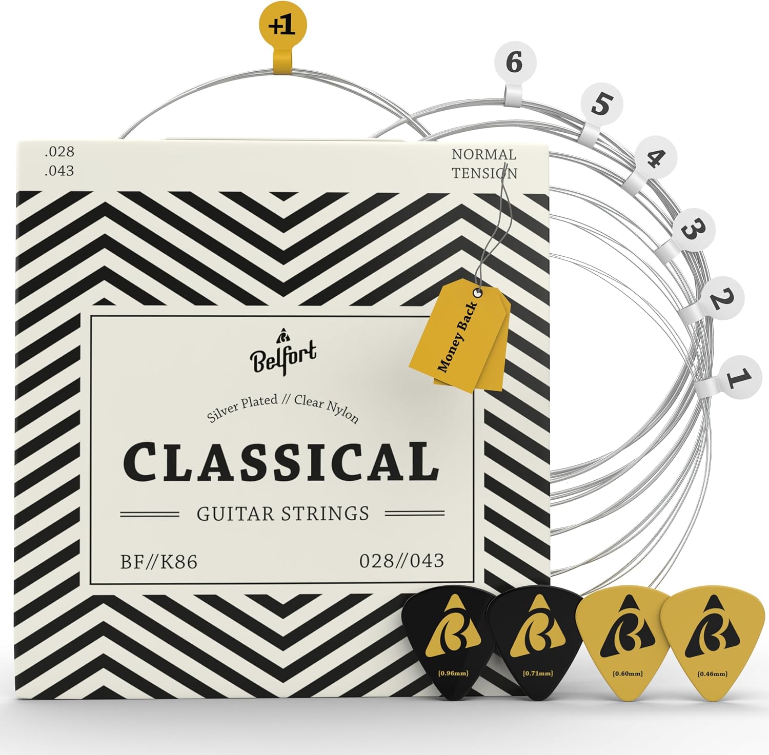 BELFORT® Jeu de 6 cordes de guitare classique en nylon avec revêtement argent, 1E (mi), pour guitare acoustique