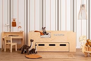 ‎SMARTWOOD SMARTWOOD PIPI L Kinderbett 70x160 mit Lattenrost und Schublade - Holz Kinderbett mit Rusfallschutz für Jungen & Mädchen - Montessori Bett mit schubladen und Lattenrost 160x70 cm - Naturalholz