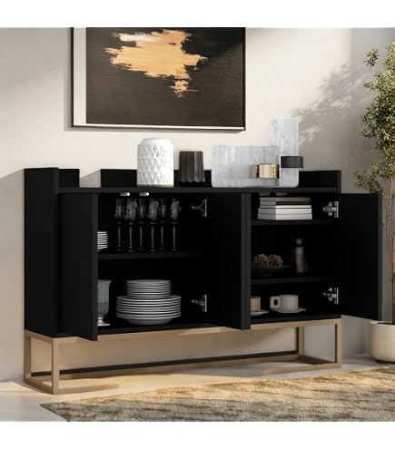 Cassettiera Credenza 4 Ante Nero E Oro - 124x81x39,5 Cm - Armadio Con Ripiani Regolabili - Per Cucina, Soggiorno, Camera