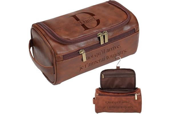 Easycosy Trousse de Toilette Homme Personnalisée -Cadeau Saint Valentin Homme- Sac Organisateuer de Toilette Trousse avec Crochet en Cuir PU pour Voyage Business Idée Cadeau Homme Original Papa Papy