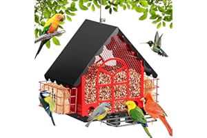 DOUBLECARE Comedero para PáJaros para Colgar, Comedero Pajaros Exterior, con Dos Cestas de AlimentacióN y Tazas de Agua, Resistente a La Intemperie Comedero Pajaros, Terraza, DecoracióN de JardíN，Rojo