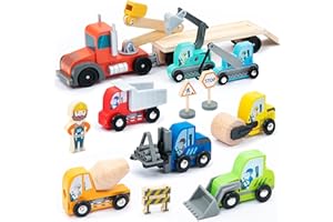 UMU® Set di giochi per veicoli da costruzione in legno per bambini, compatibile con i set ferroviari Brio World e altre marche, giocattolo contiene escavatore, gru, rullo e altro, set da 14 pezzi per