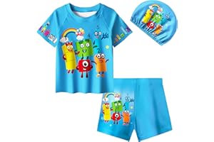 Pitevotur Number Blocks Swimming Costume Swimsuit Kids Swim Trunk Shirt Rash Guard Swim Set 3-10 Years