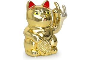 ANGRY CAT - Gatto fortuna Lucky Cat - Divertente gatto giapponese che saluta - Figura statuetta statua idea di regalo con braccio ondeggiante - oro, 15cm