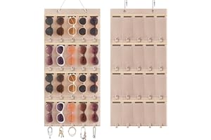 Enbagold Rangement Lunette de Soleil, 20 Fentes Suspendu Organiseur Lunettes de Soleil avec 2 Crochet, Transparent Étanche à la Poussière Sacs Organisateur en Feutre - Beige