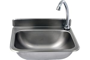 SARO ROKIA Lavamanos de acero inoxidable, accionamiento por rodilla y válvula antirretorno, montaje en pared con sifón, grifo móvil, 375 x 310 mm