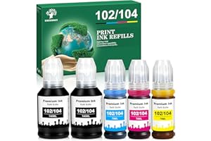 GREENSKY 102 104 Inchiostro a Coloranti - Flaconi compatibili con Epson 102 e 104 Multipack per Epson EcoTank ET-2850, ET-2851, ET-2710, ET-2720, ET-2830, ET-2870, ET-3850, ET-4800, ET-4850 (5 Pack)