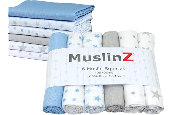 MuslinZ Lot de 6 bavoirs carrés en mousseline pour bébé - 70 x 70 cm - En pur coton - Doux, absorbants et respirants - Multi-usages - Mélange bleu vif et gris