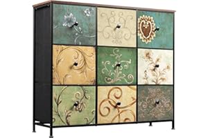 BRILVERDE Cassettiera con 9 cassetti, credenza bohemien con piano in legno e struttura in metallo, mobile TV con cassetti in tessuto, cassettiera per soggiorno camera da letto corridoio