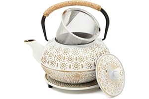JUVALE Japanische Teekanne aus Gusseisen mit Griff, Teesieb und Untersetzer, 800 ml, Weiß