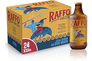 Raffo Lavorazione Grezza Cassa Birra con 24 Bottiglie da 33 cl, 7.92 L, Birra Lager Non Filtrata A Bassa Fermentazione dal Gusto Piacevolmente Fresco e dal Colore Dorato, Gradazione 4.8% Vol