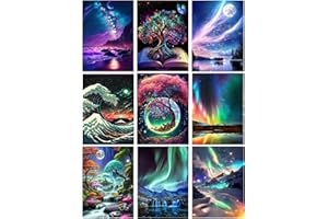 MRNSIET 9 Pack Landscape Diamond Painting Kits for Adults，5D DIY Aurora with Tree Diamond Art Kits for Beginners Round Full Drill Painting with Diamonds Gem Art and Crafts for Home Wall Decor Gift12X16Inch
