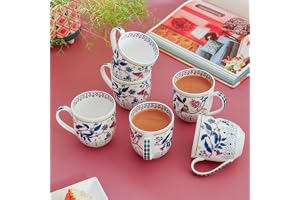 Magique by The Wishing Chair x ClayCraft : Parrot Tulip Garden Coffee Mugs Set of 6 250 ml Bone China Tea Cups Floral Ceramic Mugs Lightweight Durable Microwave & Dishwasher Safe