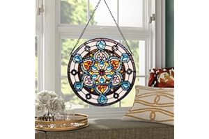 YOURANJU Tiffany-Stil Buntglas-Fenster-Hängetafel 30,5 cm, rund, handgefertigt, Blaue Blume, Sonnenfänger, Fensterdekoration für Küche, Schlafzimmer, Wohnzimmer, Geschenk