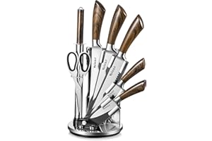 Velaze Set Coltelli, Coltelli Cucina Set 8 Pezzi, Ceppo Coltelli, Set di Coltelli Professionali Chef in Acciaio Inossidabile con Blocco Coltelli Girevole - Marrone