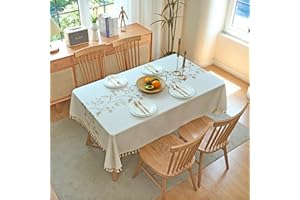 IBEQUEM Obrus bawełniano-lniany, odporny na zabrudzenia, prostokątny, beżowy obrus z frędzlami, dekoracyjny, haftowane liście, zaokrąglony, do kuchni, na piknik, do restauracji (140 x 200 cm)