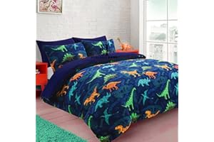 EXQUIZIT HOME Teddy Bear Fleece Dinosaur Roar Duvet Quilt Cover Bedding Set With Matching Pillowcase Warm Cosy Winter Kids Dinosaur Blue Single 135cm x 200cm Approximate