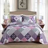 Qucover Bedspreads 135/150, Patchwork Country Style, Purple | 3 Pieces Bedspread for Bed 230 x 250 cm with 2 Pillowcases 50 x