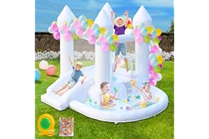 Aufblasbares Hüpfhaus Schloss mit Rutsche, weißer Jumper Hüpfburg mit Bällebad Hochzeitsschloss für Party Hinterhof für Kinder, mit 370W Luftgebläse