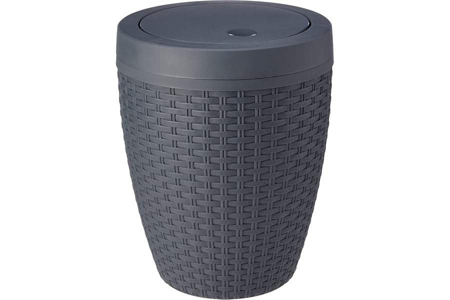 Addis Faux Rattan Round Swing Lid Bathroom Bin, Charcoal, 517488