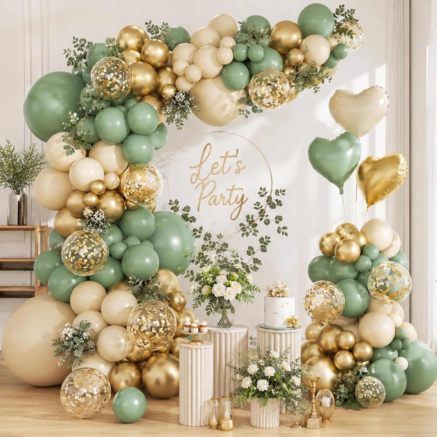 Kit Arche Ballon Anniversaire Vert et Or, 113 Pièces Arche Ballon Vert Sauge