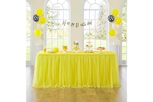 NSSONBEN 167in Yellow Tulle Table Skirts for Rectabgle Tables 6/8ft, 2-Layer Gold Grim Ruffle Tulle Tutu Cloth Table Skirt 14ft Decor Bee Themed Birthday Party Wedding Baby Shower Cake Dessert(No Table Cover)
