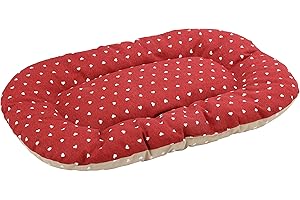 Baroni Home Cuscino Ovale per Cani e Gatti Tessuto Taglia, Imbottito con Morbido Foam, Utilizzabile su Entrambi i Lati (47x70x8 cm, Beige e Rosso Cuori)