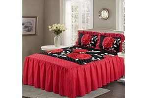 Voice7 Luxurious ROSALEEN Quilted Bedspread Floral - Valance Style 23 inch Deep Frilled Bedspread with Two Pillow Shams (Black/Red, KING 3 Piece)