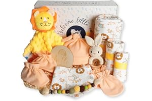 veviur - Canastilla Bebé Recién Nacido - Cesta Bebé Recién Nacido Unisex – Incluye: Doudou Bebe, Sonajero, Portachupetes, Manta, Babero y Otros Textiles Esenciales algodón 100% orgánico