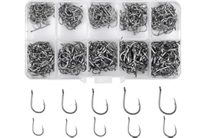 Skyzone 500 anzuelos de pesca, 10 tamaños surtidos (3#-12#), anzuelo de acero al carbono con púas, ganchos de pesca en el mar con caja de plástico para pesca en agua dulce y salada