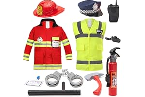 CHEERFUL CHILDREN TOYS Kids Police and Fireman Costume, Dress Up Set with Fire Fighter and Police Costume with Squirting Water Fire Extinguisher & Siren Sound Walkie Talkie, Fancy Dress for Kids & Toddlers Ages 3-7