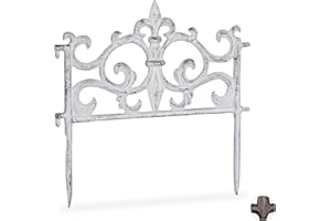 Relaxdays Cast Iron Flowerbed Fence, Vintage Design, Single Panel, Decorative Lawn Edging, HxW: 27x27cm, White