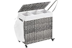 ‎SONGMICS SONGMICS Kosz na bieliznę z pokrywką, 140 l, pleciony kosz na brudną bieliznę, z kółkami, 3 przegródki, zdejmowana torba wewnętrzna, do pralni, sypialni, 66 x 33 x 66 cm, szary LCB363G01