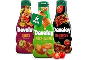 ‎DEVELEY Develey – Saucen-Set 3x250ml Squeeze-Flaschen im Bundle – Bundle bestehend aus Süß-Sauer, Curry & BBQ – Ohne Konservierungsstoffe & Glutamat - Perfekt für viele Gerichte als Topping oder Dip