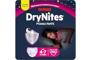 Huggies DryNites Pañales de Noche para Niña 4-7 (17-30 kg), Clínicamente Probado con 5 Capas de Máxima Protección Nocturna, 16 Bragas Absorbentes