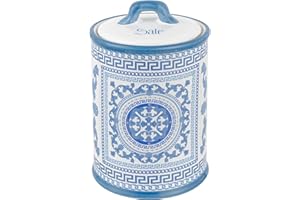 Baroni Home Barattolo Sale Decorato in Ceramica con Coperchio Ermetico, Accessorio da Cucina Colorato Resistente, Linea Maioliche Blu, 11x11x17 cm