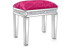 blingworld Mirrored Vanity Stool with Crushed Diamond, Hot Pink Vanity Chair Elegant Velvet Makeup Chair 18x14x20, for Bedroom Living Room Makeup Table Dresser Stool