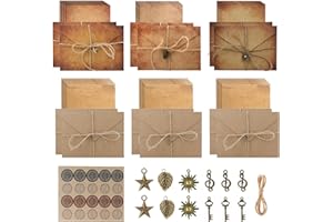 DesertBoy Vintage Letter Paper Aged Envelopes, Vintage Letter Writing Set, Writing Paper and Envelopes Set (24 Sheets Letter Papers, 12 Envelopes, 12 Retro Keys, 12 Hemp Ropes, 1 Sheet Seal Stickers)