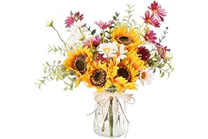 Yorkmills Artificial Flowers in Vase for Home Decor, Silk Sunflower Daisy Bouquet Artificial Flowers with Pot Silk Sunflower Arrangement for Autumn Spring Decor Centerpiece Table Decorations