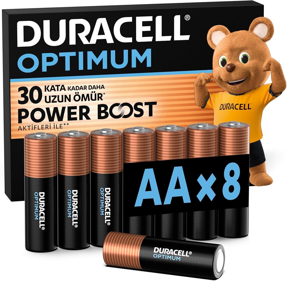 DURACELL OPTIMUM AA Alkalin Pil (8’li Paket) – 1,5V | POWER BOOST AKTİFLERİ İLE 30 KATA KADAR DAHA UZUN ÖMÜR Modern Cihazların Taleplerini Karşılar- %100 Geri Dönüştürülebilir
