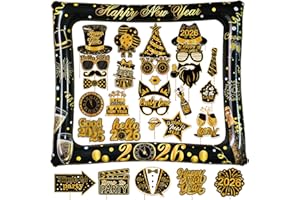 YIIIGOOOD Silvester Deko 2026 aufblasbar Fotorahmen 32 STK. Foto Requisiten Neujahr Party Silvesternacht Foto Accessoires Glitzer Gold Schwarz Happy New Year 2026 Deko