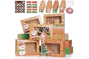 GeeRic 12pz Scatole per Biscotti Natalizi Confezione per Cupcake +12 Corde+12 Etichette Appese Kraft DIY Biscotti Scatole con Finestra Trasparente Torta Caramelle Box per Capodanno Festa Vacanza