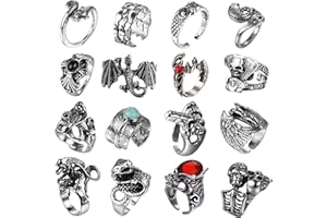 JeryWe 16–20 Stück Vintage Punk Ringe für Männer Frauen Gothic Offene Ringe Silber Schwarz Schädel Skelett Oktopus Tentakel Augen der Hölle Tier Verstellbare Ringe Set Stapelbar Y2K Fingerringe