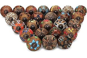 Craft Trade Cabinet Knobs Ceramic Door Knobs for Cupboards Draws Vintage Kitchen Drawer Rustic Mix Design Hand Painted Chest of Drawers Boho Furniture Interior Décor Handles - Pack of 6