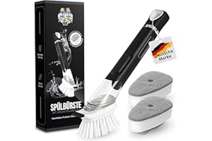 ‎KORKENKURLING Spülbürste mit Spülmittelspender, Küchenbürste, Geschirrbürste, Abwaschbürste, mit Spülmittel befüllbar, Spülbürste schwarz, Set, Schwamm, Topf, Pfanne